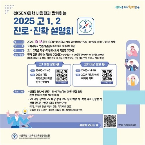 서울시교육청 교육연구정보원은 다음 달 18일 고려대 인촌기념관에서 고등학교 1·2학년 학생과 학부모, 교사들을 대상으로 진로·진학 설명회를 연다. 전년도 대입 분석과 진로별 전략을 담은 자료집을 배포하고 일대일 특별 진학 상담센터도 운영할 예정이다.